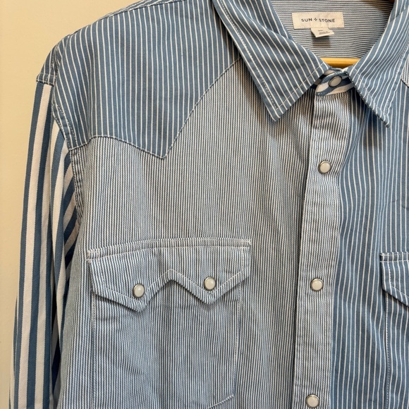 Sun + Stone Dual Blue Striped Men's Lightweight Denim Shirt 100% Cotton XXL - Picture 4 of 9